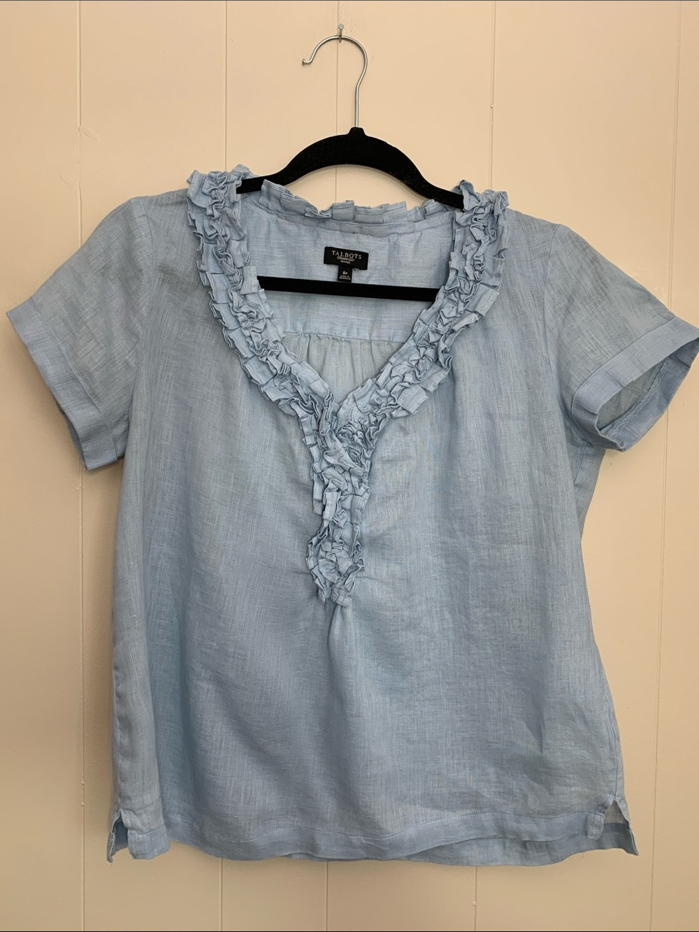 Talbots Light Blue Ruffle-Trim V-Neck Linen-Blend Blouse